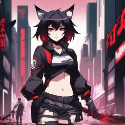 An anime girl with tanned skin, red and black hair, red glowing eyes, and wolf ears and tail