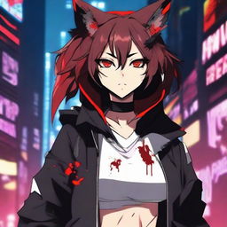 An anime girl with tanned skin, red and black hair, red glowing eyes, and wolf ears and tail