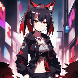 An anime girl with tanned skin, red and black hair, red glowing eyes, and wolf ears and tail