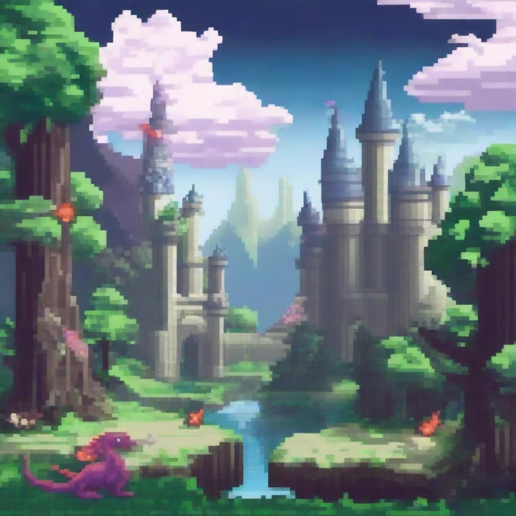 A pixel art scene of a magical world featuring swords and dragons