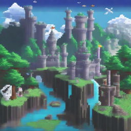 A pixel art scene of a magical world featuring swords and dragons