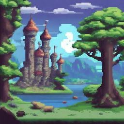 A pixel art scene of a magical world featuring swords and dragons