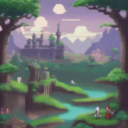 A pixel art scene of a magical world featuring swords and dragons