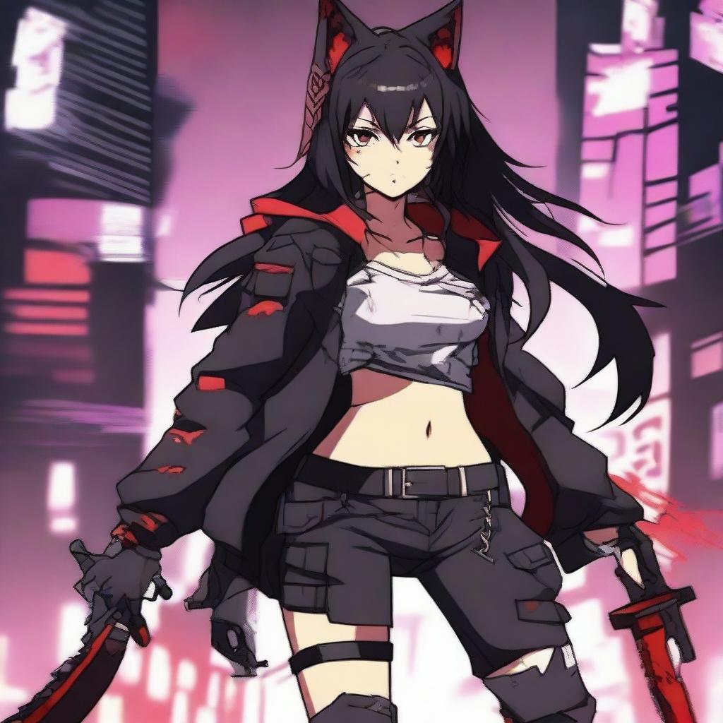 An anime girl with tanned skin, red and black hair, red glowing eyes, and wolf ears and tail