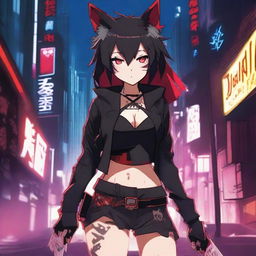 An anime girl with tanned skin, red and black hair, red glowing eyes, and wolf ears and tail