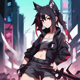 An anime girl with tanned skin, red and black hair, red glowing eyes, and wolf ears and tail