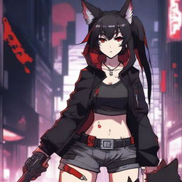 An anime girl with tanned skin, red and black hair, red glowing eyes, and wolf ears and tail