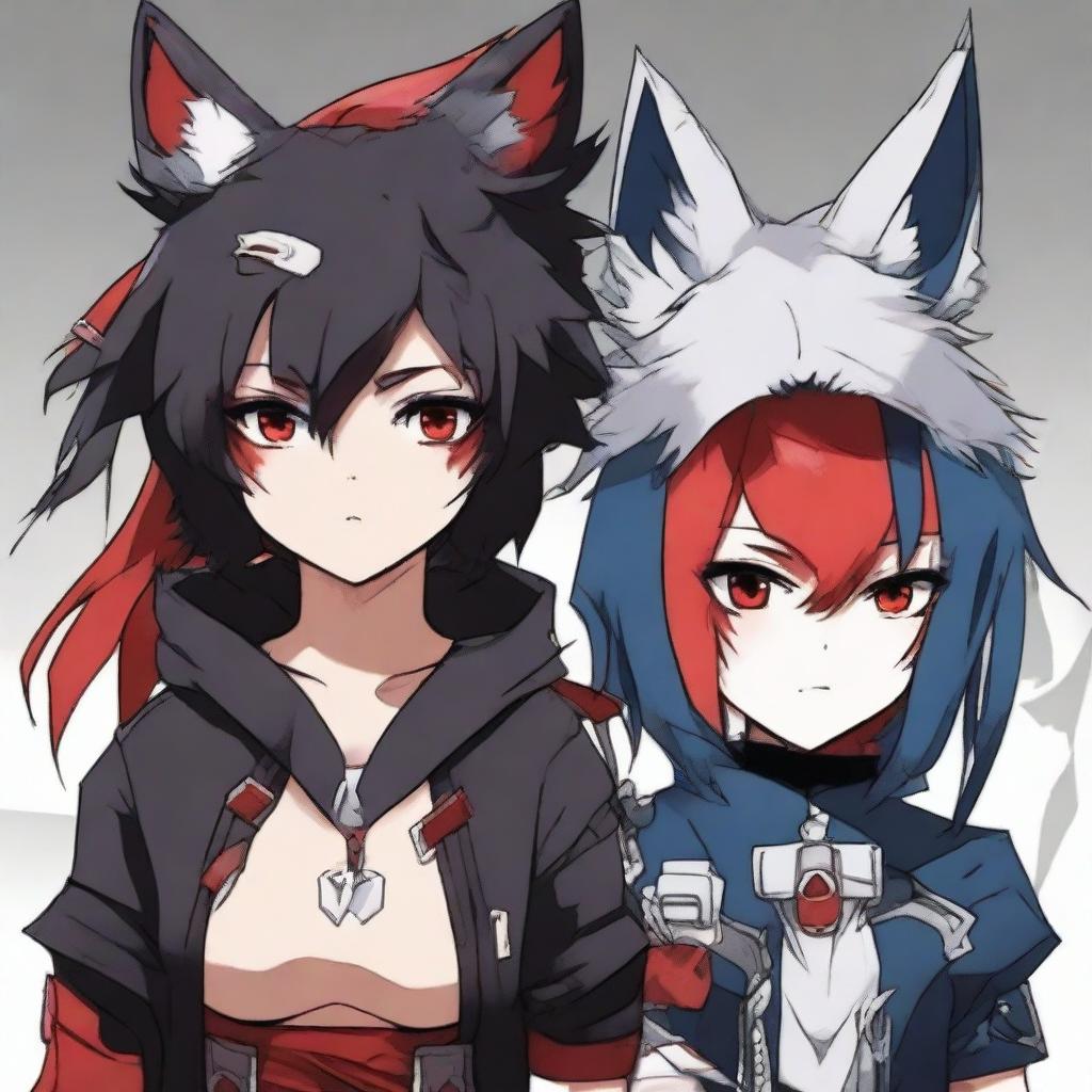 An anime girl with tanned skin, red and black hair, red glowing eyes, and wolf ears and tail