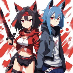 An anime girl with tanned skin, red and black hair, red glowing eyes, and wolf ears and tail