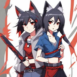 An anime girl with tanned skin, red and black hair, red glowing eyes, and wolf ears and tail