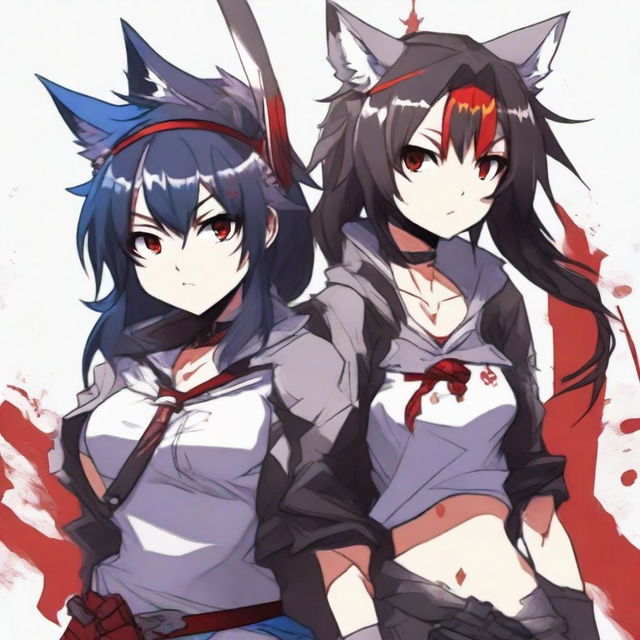 An anime girl with tanned skin, red and black hair, red glowing eyes, and wolf ears and tail