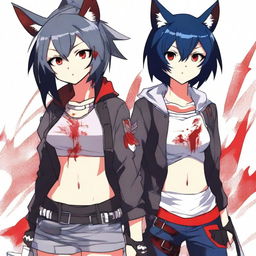 An anime girl with tanned skin, red and black hair, red glowing eyes, and wolf ears and tail