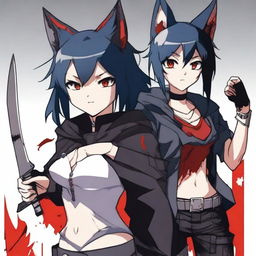 An anime girl with tanned skin, red and black hair, red glowing eyes, and wolf ears and tail