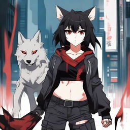 An anime girl with tanned skin, red and black hair, red glowing eyes, and wolf ears and tail