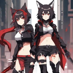 An anime girl with tanned skin, red and black hair, red glowing eyes, and wolf ears and tail