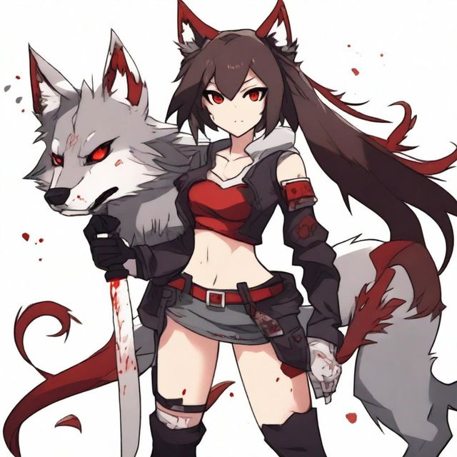 An anime girl with tanned skin, red and black hair, red glowing eyes, and wolf ears and tail