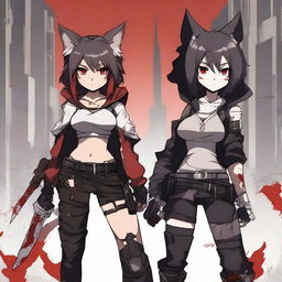 An anime girl with tanned skin, red and black hair, red glowing eyes, and wolf ears and tail