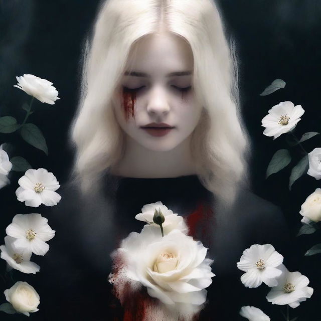 Create a book cover featuring white flowers with blood on them and a blonde woman seen from the back, dressed in black, mourning