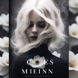 Create a book cover featuring white flowers with blood on them and a blonde woman seen from the back, dressed in black, mourning