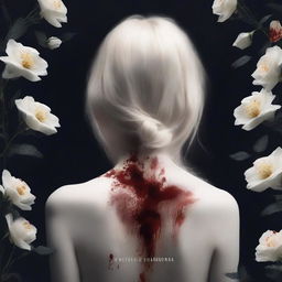 Create a book cover featuring white flowers with blood on them and a blonde woman seen from the back, dressed in black, mourning