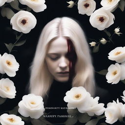 Create a book cover featuring white flowers with blood on them and a blonde woman seen from the back, dressed in black, mourning