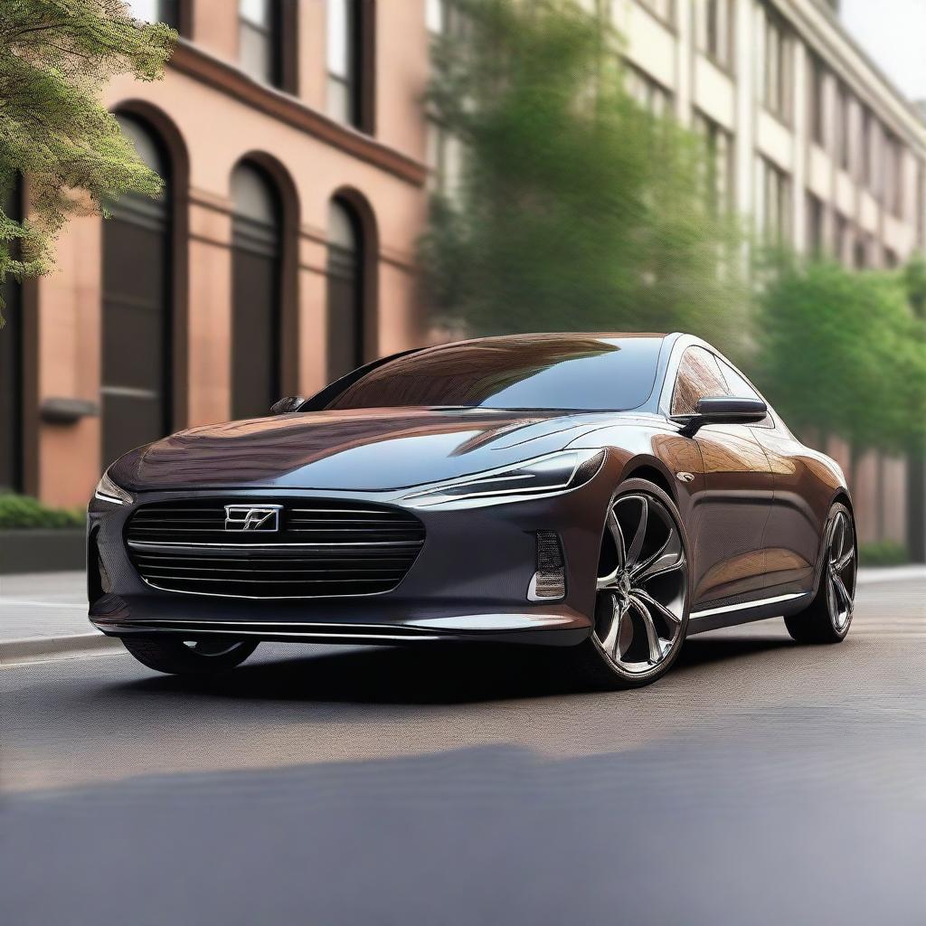 A detailed and realistic image of a modern car, showcasing its sleek design and shiny exterior