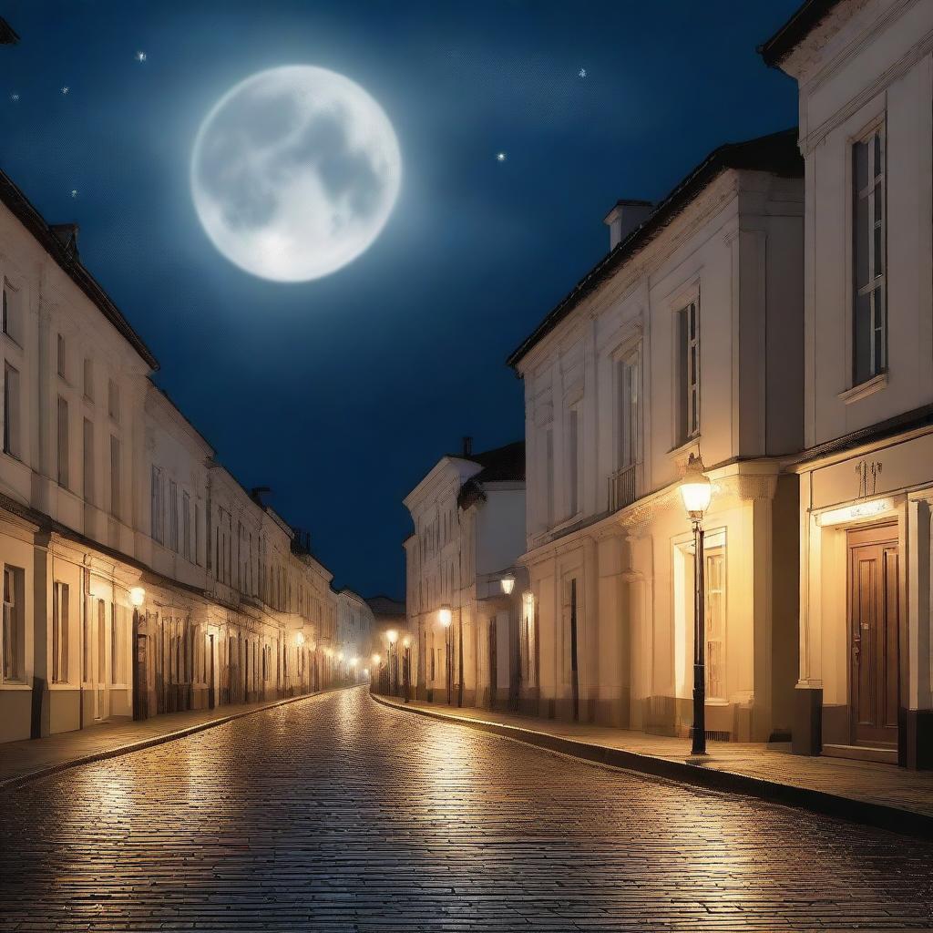 A serene and detailed image of a night scene in a quiet town