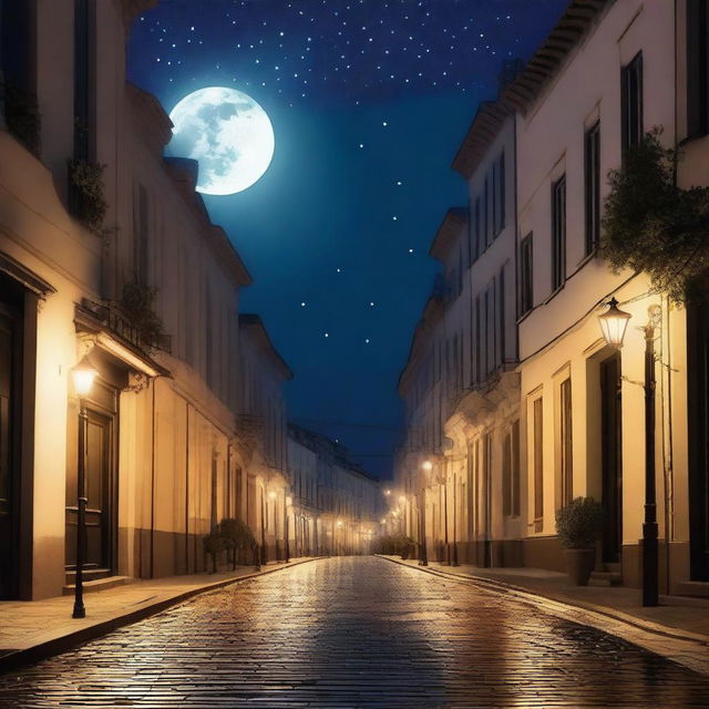 A serene and detailed image of a night scene in a quiet town