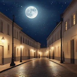 A serene and detailed image of a night scene in a quiet town