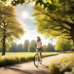 A person riding a bike through a scenic park with trees and flowers