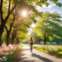 A person riding a bike through a scenic park with trees and flowers