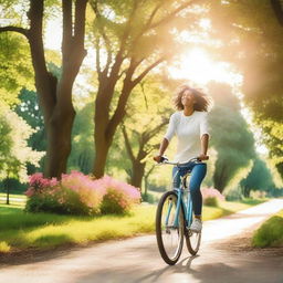 A person riding a bike through a scenic park with trees and flowers