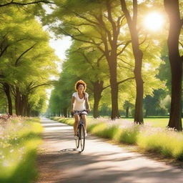 A person riding a bike through a scenic park with trees and flowers