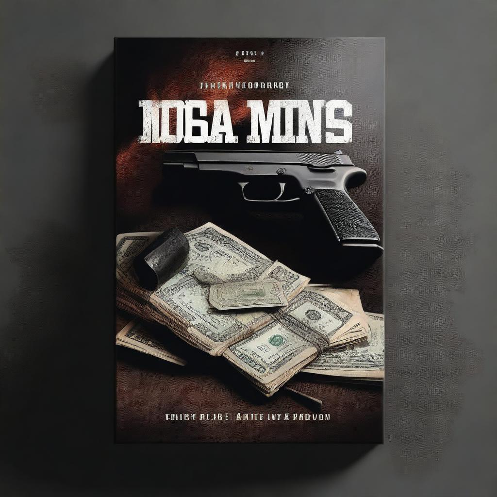 A book cover design featuring a gritty and intense scene with a gun, drugs, and money