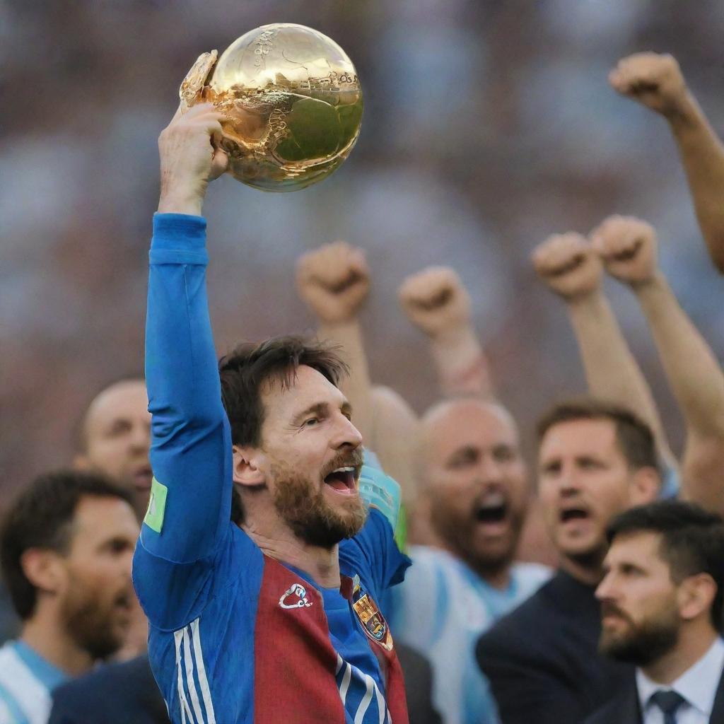 A Renaissance-style painting showcasing Lionel Messi triumphantly lifting the World Cup trophy.