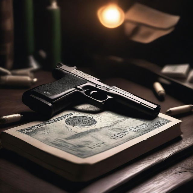 A book cover design featuring a gritty and intense scene with a gun, drugs, and money