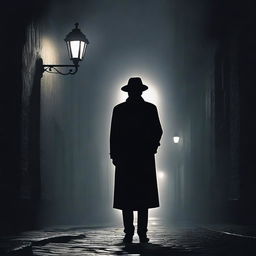 A dark alleyway at night with a mysterious figure in a trench coat and fedora hat, standing under a flickering streetlight