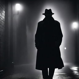 A dark alleyway at night with a mysterious figure in a trench coat and fedora hat, standing under a flickering streetlight