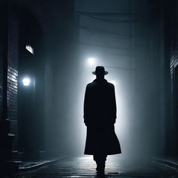 A dark alleyway at night with a mysterious figure in a trench coat and fedora hat, standing under a flickering streetlight