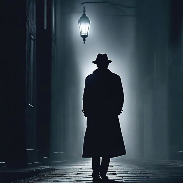 A dark alleyway at night with a mysterious figure in a trench coat and fedora hat, standing under a flickering streetlight