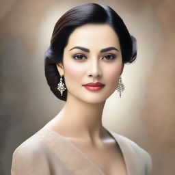 A portrait of a woman with a serene expression, wearing elegant attire