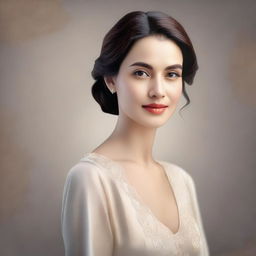 A portrait of a woman with a serene expression, wearing elegant attire