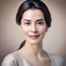 A portrait of a woman with a serene expression, wearing elegant attire