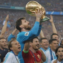 A Renaissance-style painting showcasing Lionel Messi triumphantly lifting the World Cup trophy.