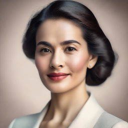 A portrait of a woman with a serene expression, wearing elegant attire