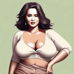 A portrait of a woman with an exaggerated body shape, emphasizing her large chest