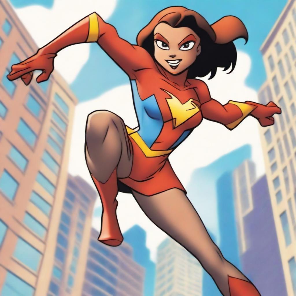 Draw Elasti-Girl wearing a tight miniskirt, showcasing her flexibility and superhero abilities in a dynamic pose