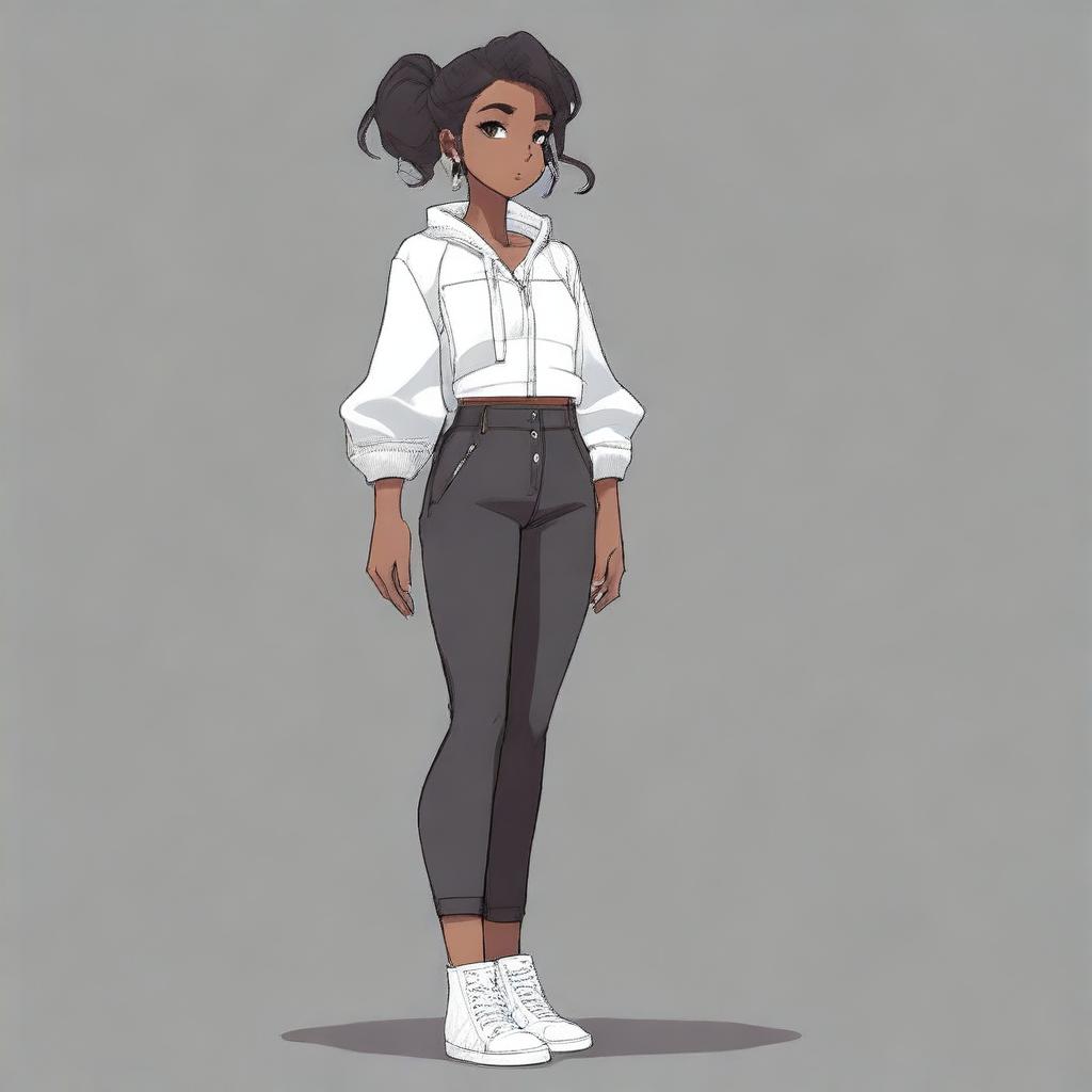 Create a detailed anime-style design of a black female character in a side view