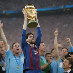 A Renaissance-style painting showcasing Lionel Messi triumphantly lifting the World Cup trophy.