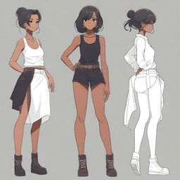 Create a detailed anime-style design of a black female character in a side view